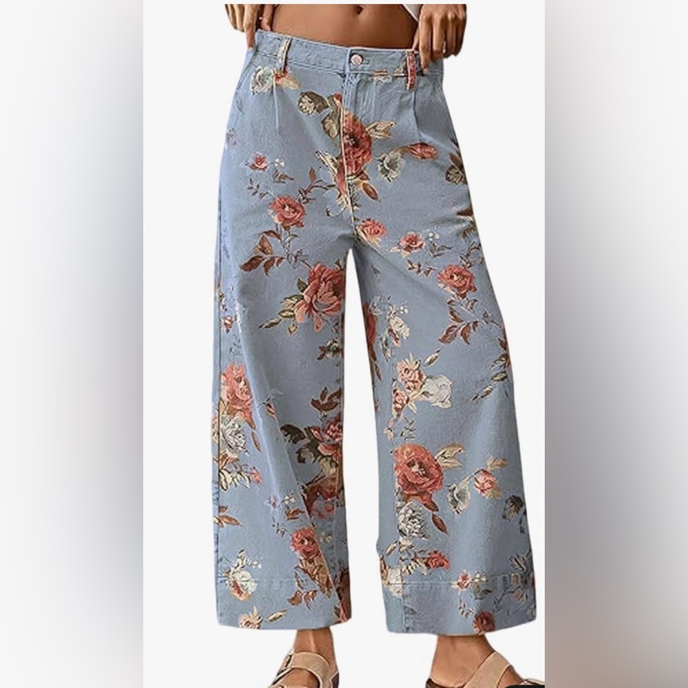 Floral Wide-Leg Pants - Blue and Pink